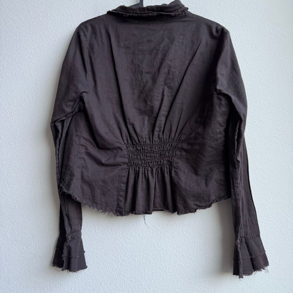 Vintage Y2K Bell Sleeve Ruffle Tie Front Brown 2000’s Blouse Top Size Medium - Picture 5 of 6
